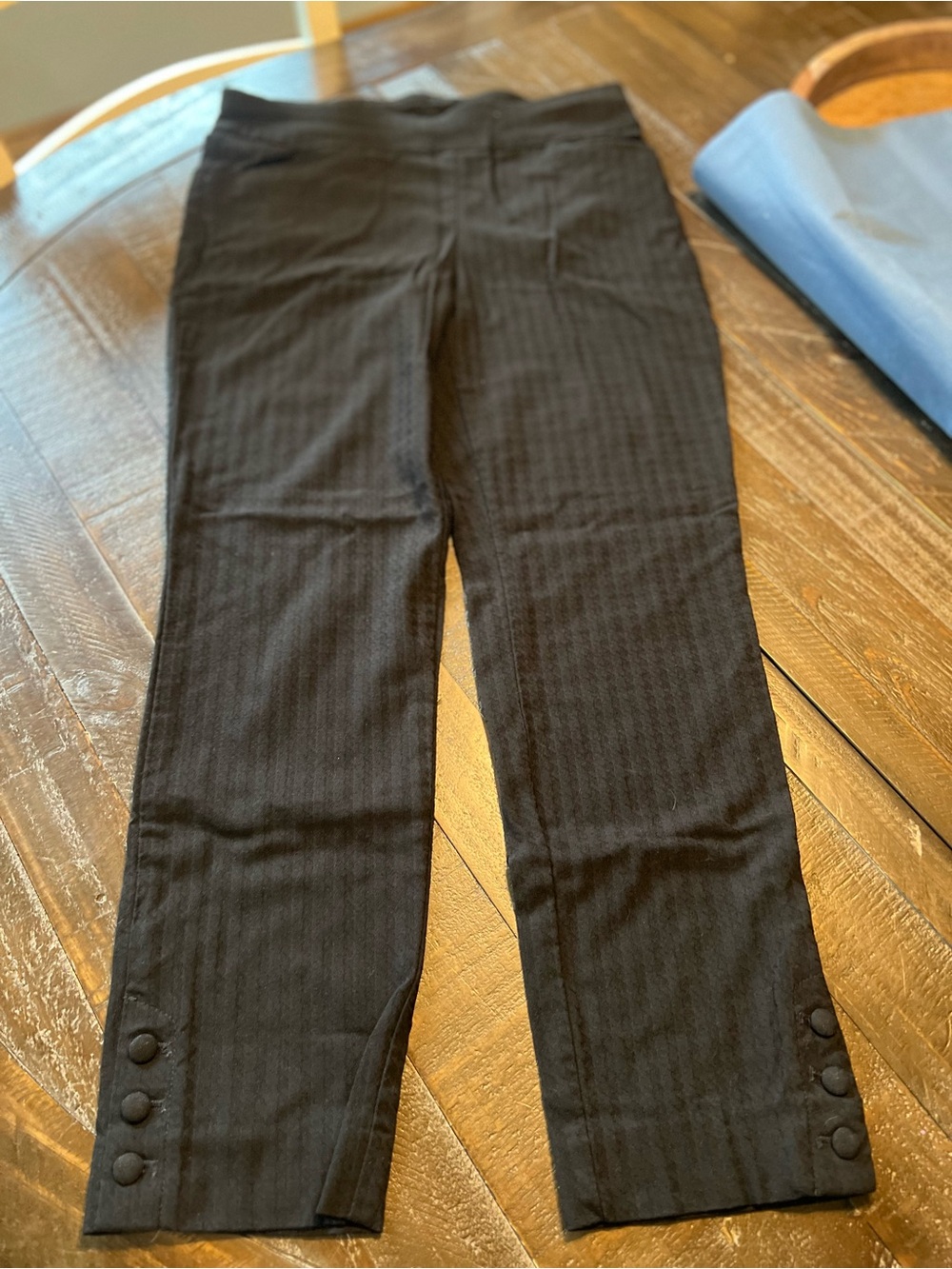 Chico's Black Pinstripe Straight Leg Pants with Button Cuff Detail